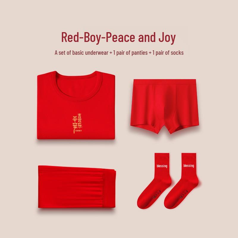 Children's Zodiac Year Red Cotton Wool Underwear Set - Warm Base Layer Shirt and Pants for Boys and Girls In Autumn