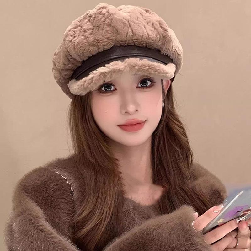 1pc Women Fleece Octagonal Beret Hat,leisure Warmth Versatile Solid Color Skull Cap,Suitable for Holiday Tralve and Daily Wear