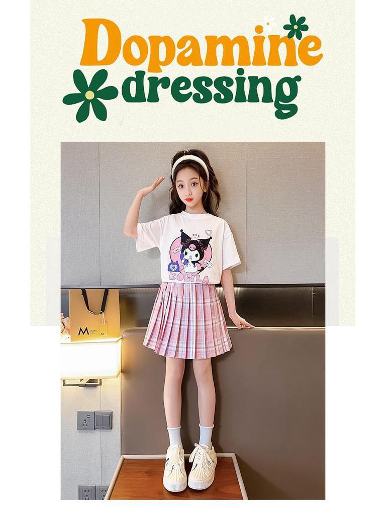 Girls' Summer Preppy Short Sleeve Top & Pleated Skirt Set