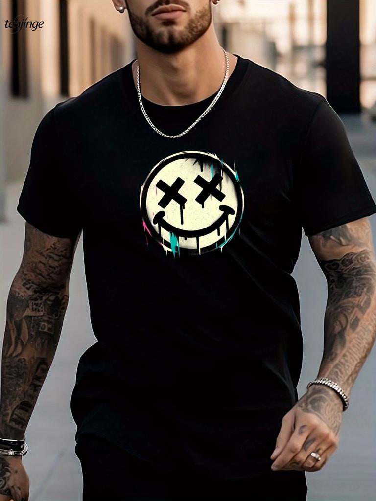 Smile Face T-shirt Casual Harajuku Daily Vintage Short Sleeve Cartoon Versatile Hip Hop Cool Streetwear 100% Cotton O-Neck Tops