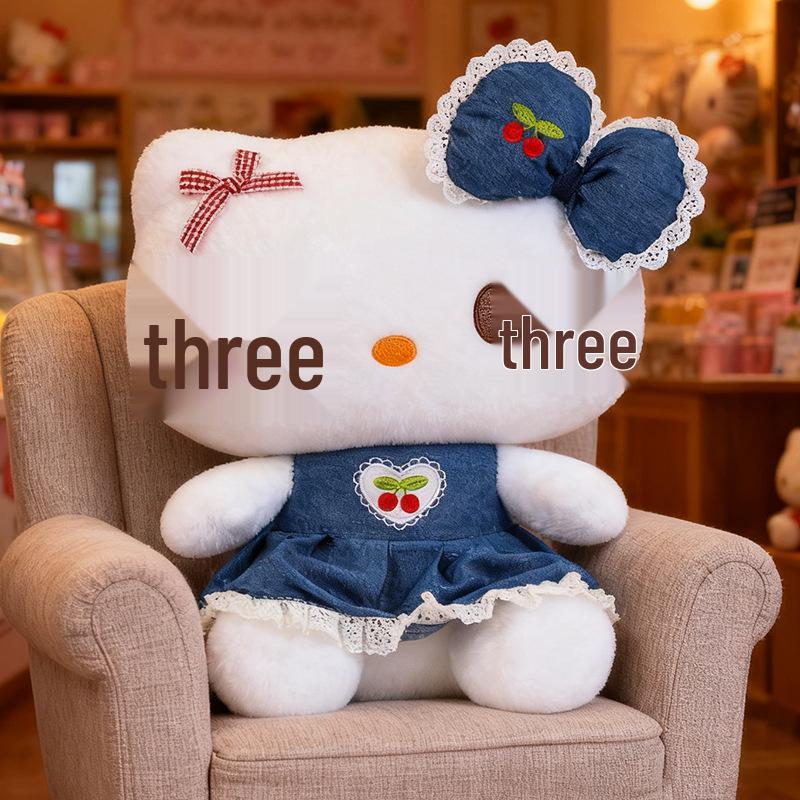 New Cute Hello Kitty Plush Doll - Cartoon Cherry KT Cat Plush Toy Gift 23cm 0.2kg джинсовый