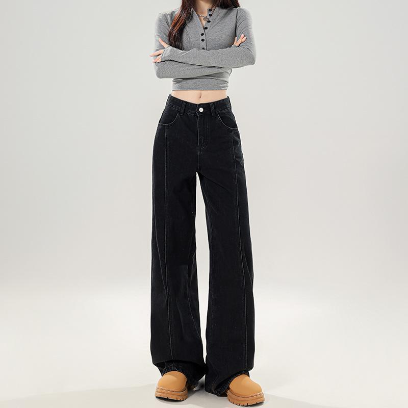 

Spring 2025 Women s Korean Style High-Waist Black Wide-Leg Jeans - Casual, Flattering, Straight, and Loose Floor-Length Fit. L