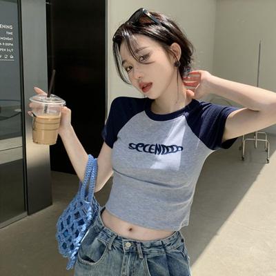 Camiseta Y2K para mujer, Tops cortos ajustados con letras de retales, ropa de calle informal de moda coreana, camisetas de manga corta para mujer