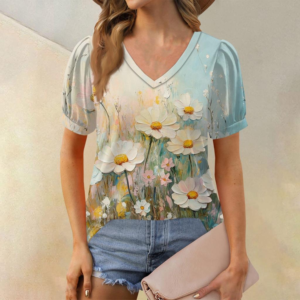 Damenmode Blumendruck Top Puff Kurzarm V-Ausschnitt T-Shirt Lose Casual T-Shirt