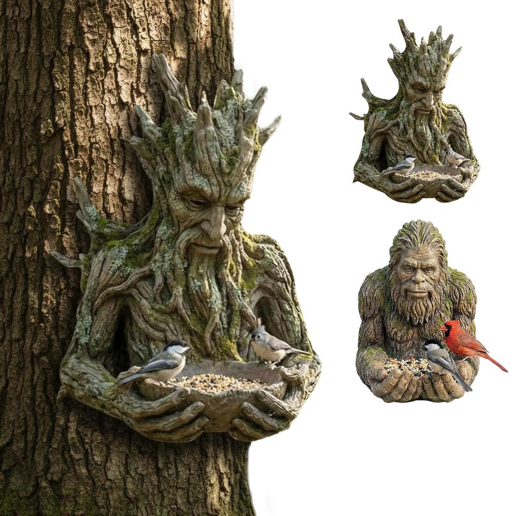 Resin Birds Feeding Station with Hidden Hang Hole Unique Tree Ornament Multi-Purpose for Patio/Yard/Garden/Backyard/Balcony