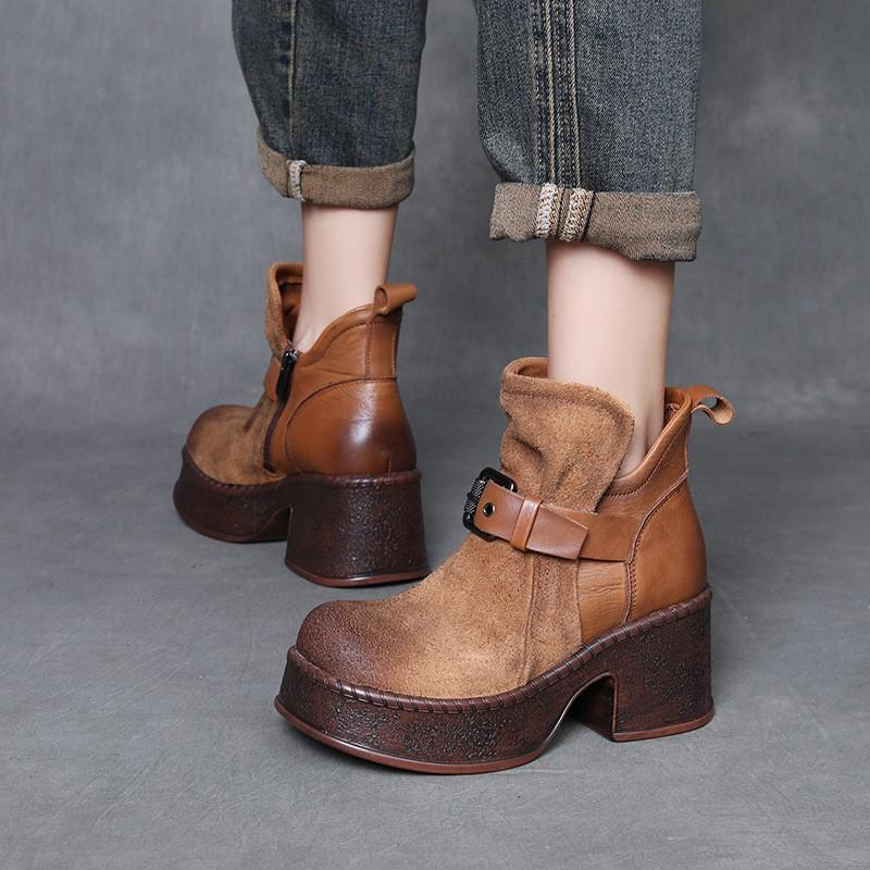 

Johnature Retro Genuine Leather Women s Boots Lightweight Foam Soled High-heeled Versatile Short Boots 35 коричневый