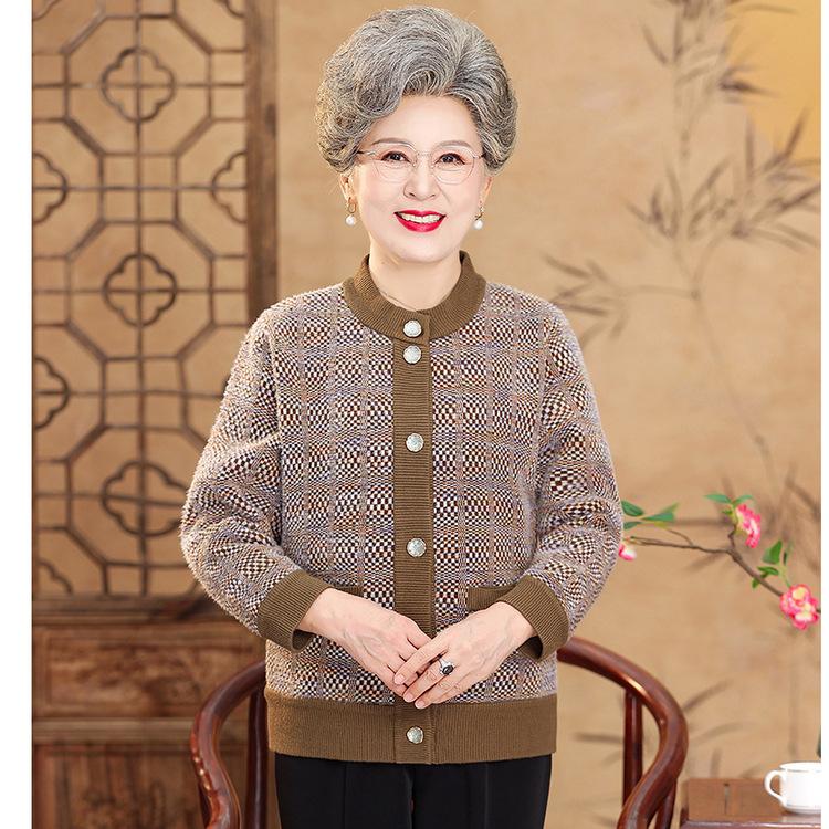 Autumn and Winter Round Neck Printing Plus Velvet Padded Knit Cardigan Women's Loose Casual Coat Middle-aged and Old New Mother's Dress