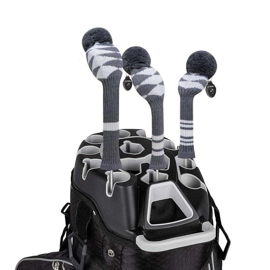 LeFeng Sports Knit Golf Club Cover Set with Number Tags and Fits and 5 Woods Check 3-Piece Pompoms, Gray, 1, 3, (Gray Pattern)
