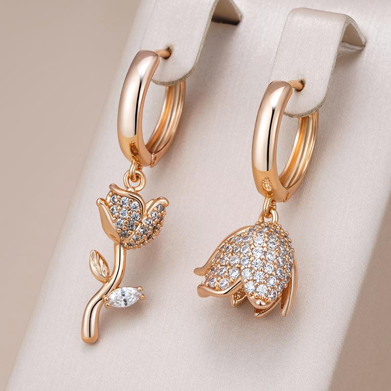 Rose Gold Color Asymmetrical Big Drop Earrings For Women Full Shiny Natural Zircon Accessories Daily Fine Jewelry