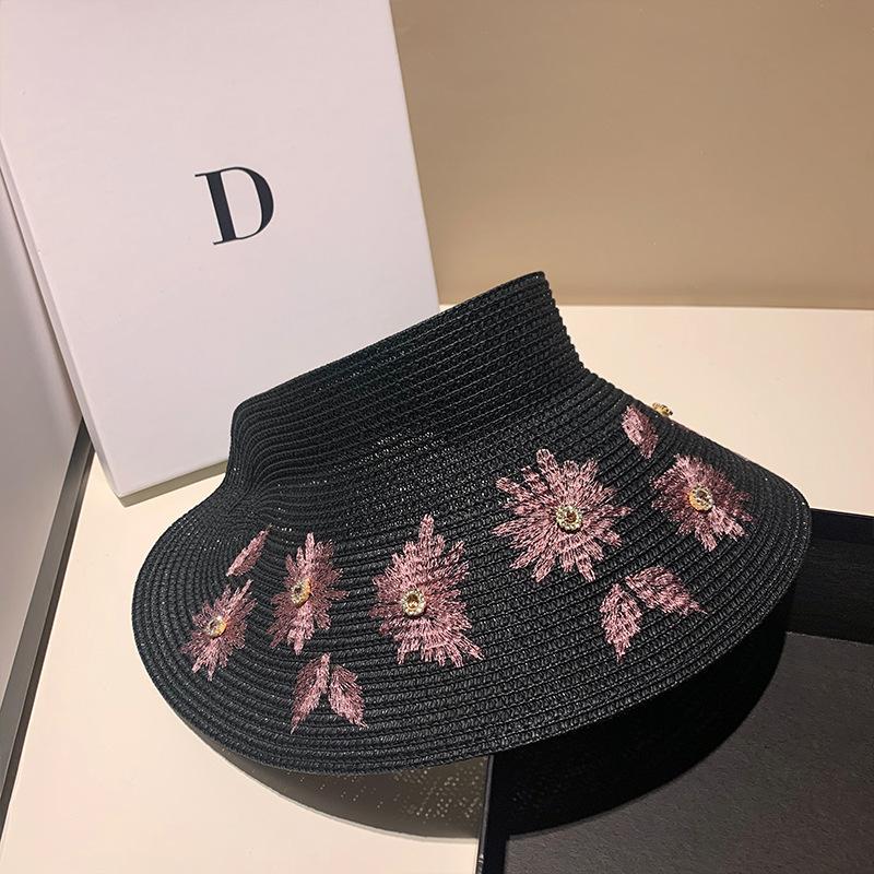 Fashionable Straw Visor Hat With Rhinestone Embroidery Foldable Sun Protection Beach Cap Versatile Shopping Summer Hat