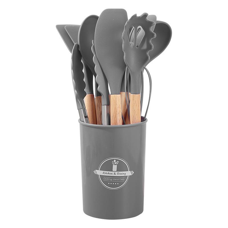 12PCS Silicone Kitchen Utensils Set Non Stick Cooking Tools Wooden Handle Spatula Turner Egg Whisk Baking BBQ Heat Resistant