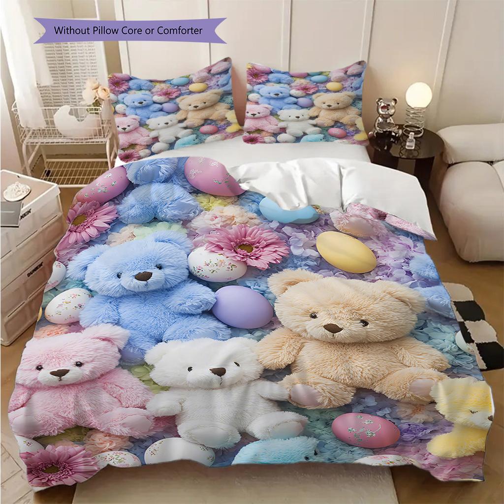 Teddy Bear Pattern Bedding Quilt Set Quilt Cover Pillowcase Home Decoration Birthday Gift (1 * duvet cover + 2 * pillowcase, without core)