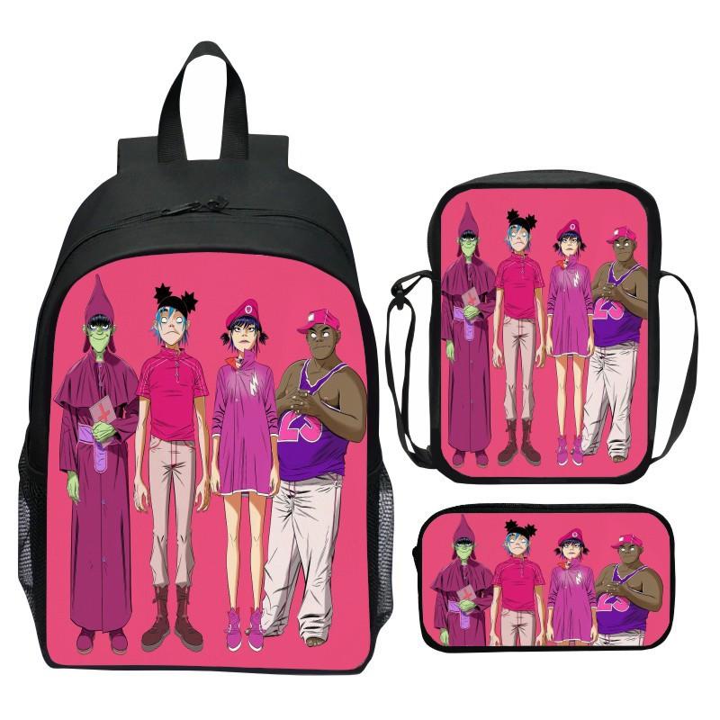Gorillaz UK Virtual Band Printed Cartoon Backpack 3-Piece Set School Bag Lightweight Large Capacity