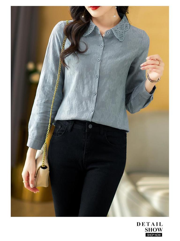 2023 Spring Women's Cotton Jacquard Shirt with Doll Collar and Long Sleeves
