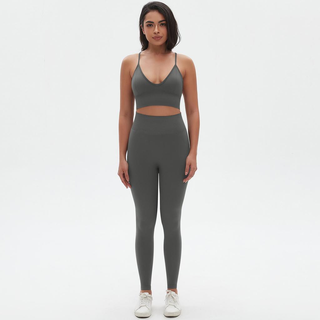 New High Waist And Hip Lifting Tight Pants Set With Strap, Beautiful Back, Sports Bra Set, Fitness Seamless Quick Drying Yoga Two Piece Set, Women'S