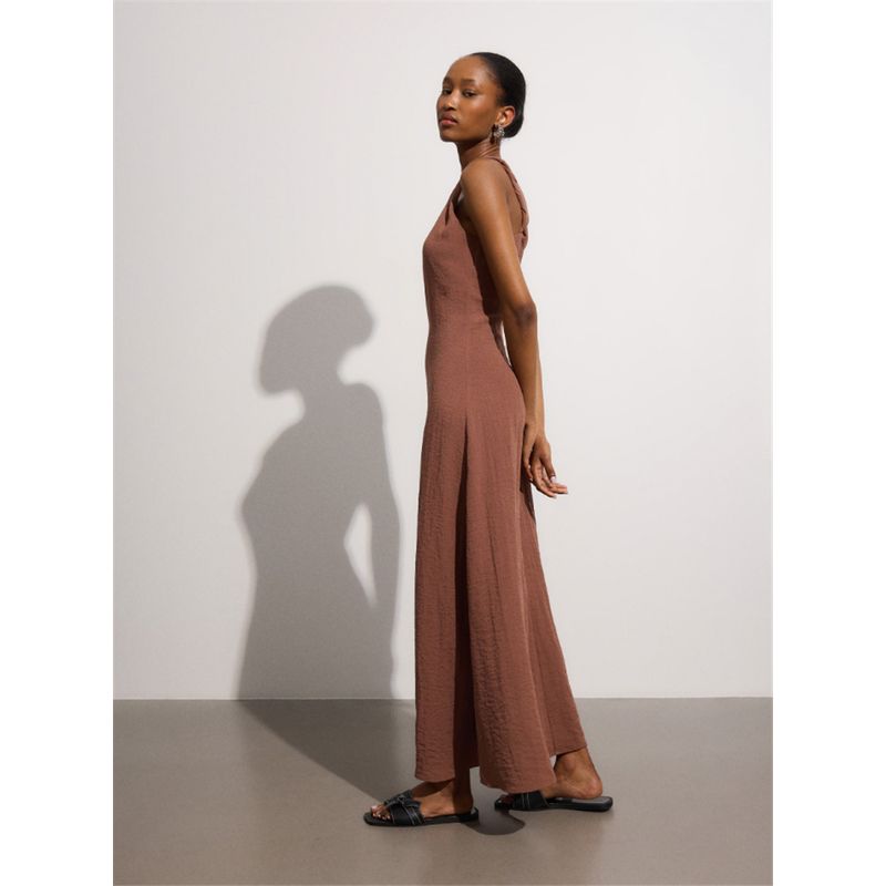 

Foreign Trade Pure Yuan Tail Goods Sexy Woven Summer New Women Waist Hugging Slimming Hanging Neck Sling Dress Long dress Brown L