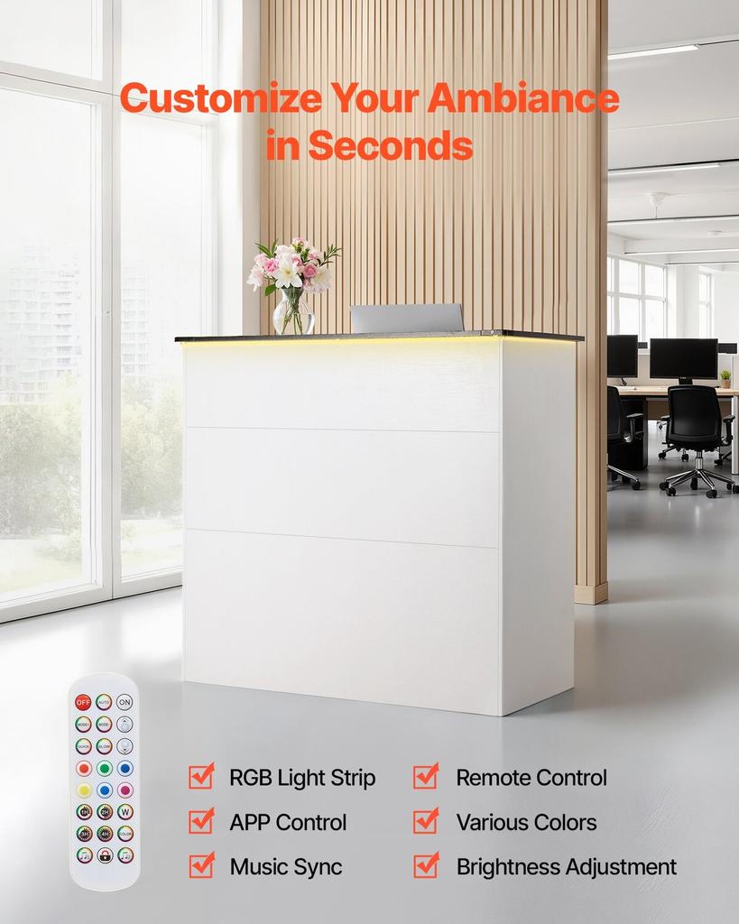 Reception Desk, 127.5cm Rectangular Front Counter Table, Modern Office Reception Desk with Light Strip, 3 Drawers & Storage Cabinets, Retail Counter
