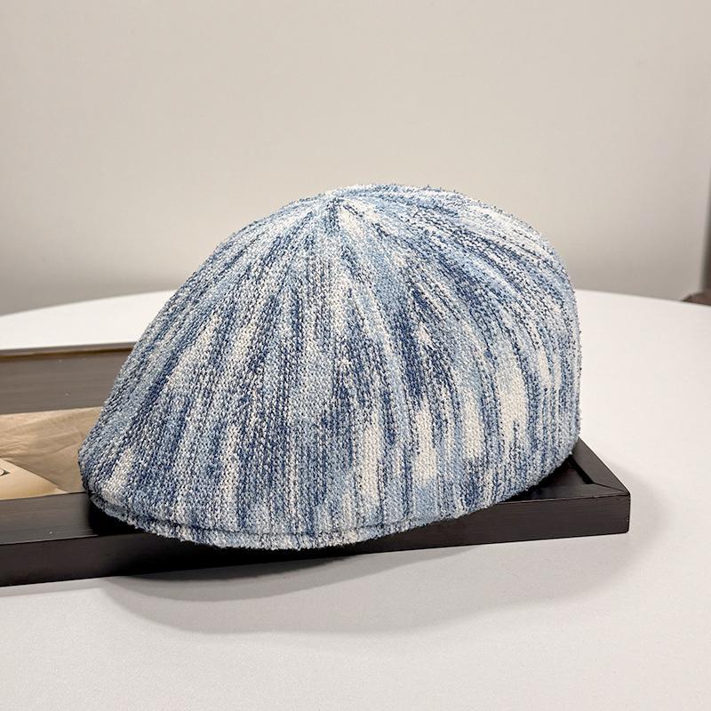 

Осень и зима новая красочная полоска модная кепка ретро универсальная высокое чувство позитивная и негативная носка берет Average size (58-60cm) синий