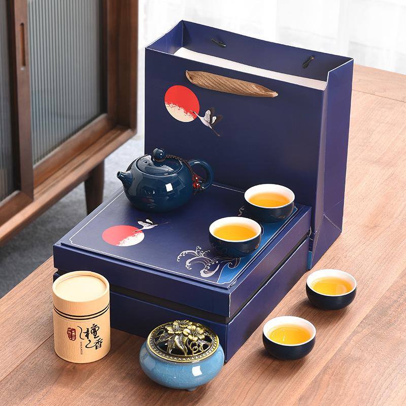 Black Pottery Kung Fu Tea Set Coarse Pottery Tea Set Company Gift Set One Pot and Four Cups with Fragrant Gift