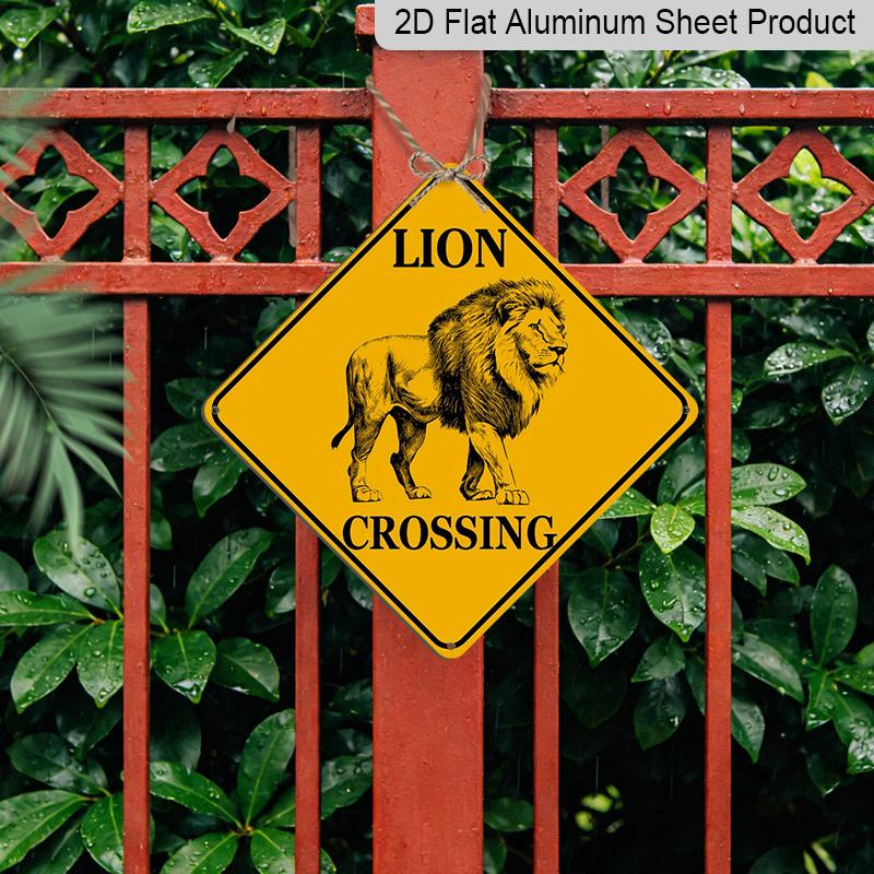 2D Flat 1pc- Vintage Tin Sign Featuring A 2D Flat Design of A Lion Crossing, Perfect for Rustic Wall Decor with A Humorous Caution Message
