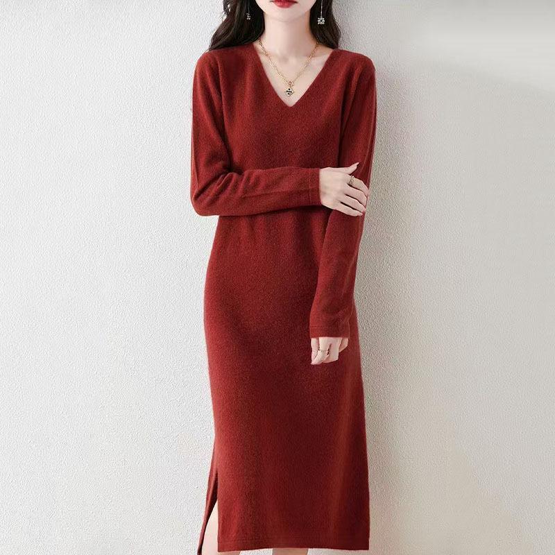 2025 Herbst/Winter Damen Woll V-Ausschnitt Knielanges Pulloverkleid mit Schlitz