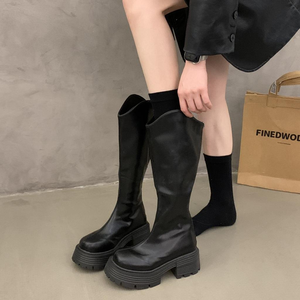 Muffin Thick-soled Small Man Thin Long Tube Knight Boots Women's 2025 Autumn and Winter New Black Heightening Medium Tube Long Boots