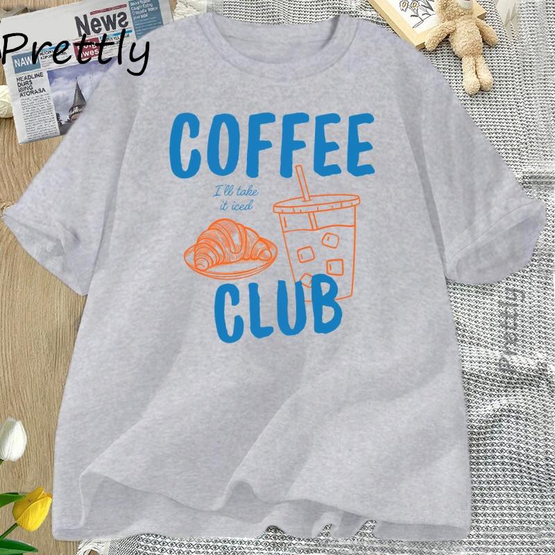 Womens Tshirt Iced Coffee Club T Shirt Women Coffee Lover Retro Coffee Tee Trendy Cotton Short Sleeve Graphic T Shirts