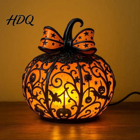 Jack-O-Lantern Nigh Light 1/2Pcs Halloween Bow Pumpkin Light Stained Glass Desk Lamp Table Centerpieces Spooky Decoration for Home Office Fall