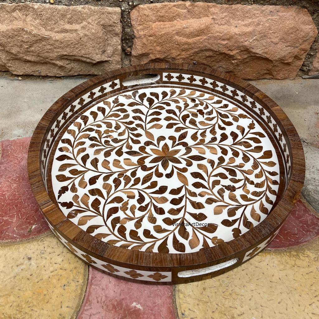 Wooden Inlay Decorative Tray  Round Floral Pattern Serving Tray | Bone Inlay Style | Boho Coffee Table Tray | Kitchen Bone Decor Tray
