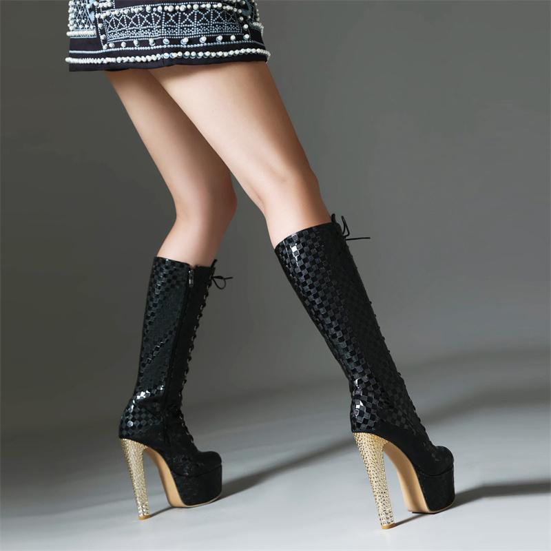 Black High Knee Boots Women Platform Sexy Luxury White Heeled Winter Lace-up Long Boot Party Shoes Ladies Large Size 46 Brand