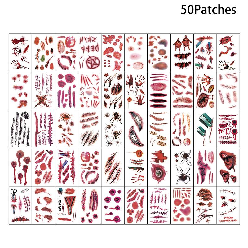 20/30/50 Sheets Halloween Terror Wound Temporary Tattoo Waterproof Realistic Blood Tattoos Injury Scar Tattoo Stickers For Body