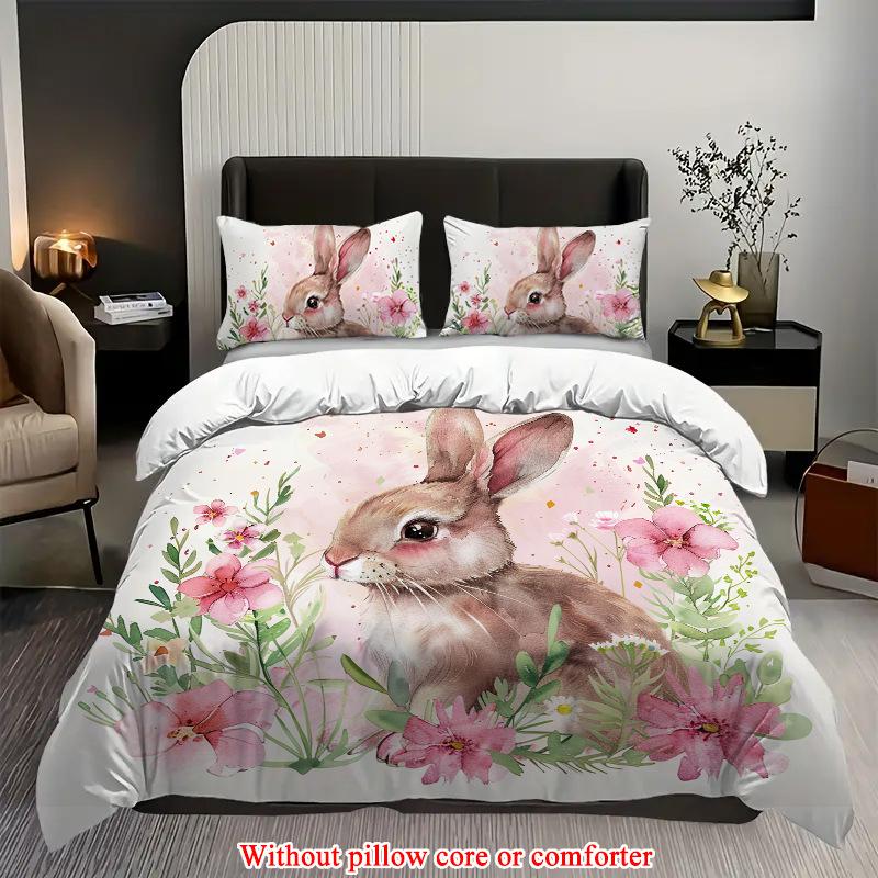 Rabbit 3D Printing Three-Piece Home Textile Bedding Quilt Cover Pillowcase