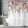 Pink & White Rose Floral Shower Curtain 1Pc Polyester 2D Flat Print 70.8X70.8" Watercolor Roses With Greenery On Cream Base