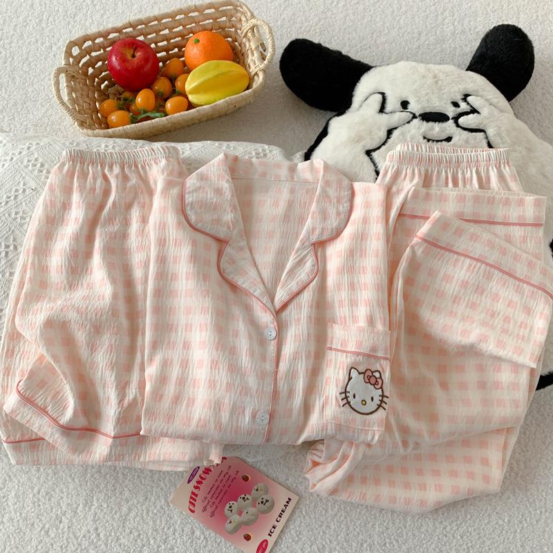 Cute Pink Grid Short-Sleeved Pajamas Women'S Summer Cloud Cotton Three-Piece Set Thin Loungewear