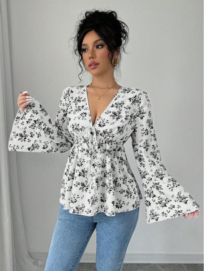 2025 Autumn/Winter Women's High-Waisted Floral Print Shirt - European & American Sweet Style
