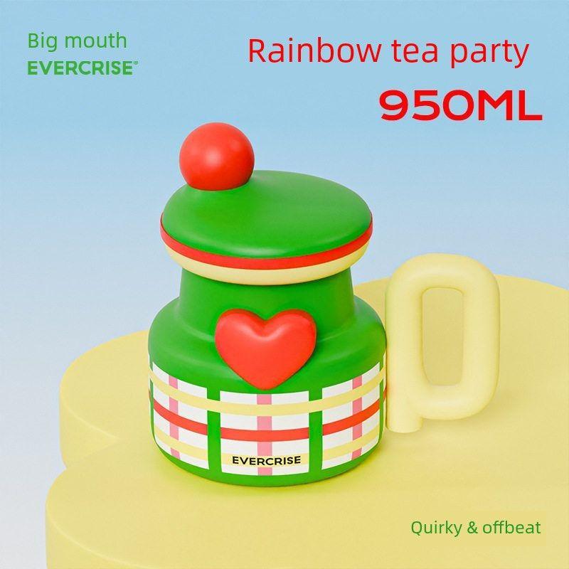 

Evercrise Large-Capacity Fun Thermos Cup with Straw, Coffee Cup, Tea Cup for Women Funny Pot Steel Cup-Rainbow Tea Party 950ml