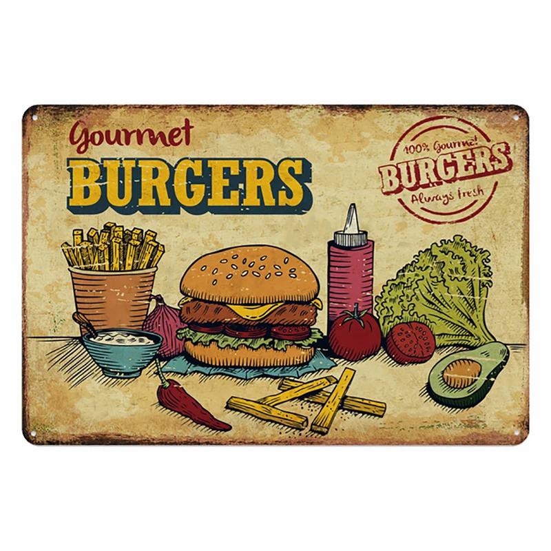 Hot Burgers Plaque Metal Tin Sign Vintage Poster Fried Chicken Retro Plate Wall Decor for Kitchen Restaurant Shop
