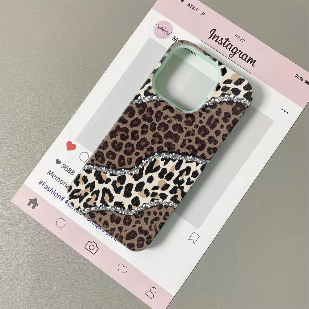 INS Diamond Edged Leopard Print Silicone Phone Case For iPhone 17 17Air 13 16 15 14 12 11 Pro Max Lychee Grain Soft Cover Funda