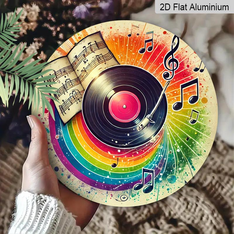 2D Flat - 1pc Vintage Round "Music Film" Metal Sign - Aluminum Wall Art with Vinyl Record & Musical Notes Design, Colorful Retro Decor for Garage