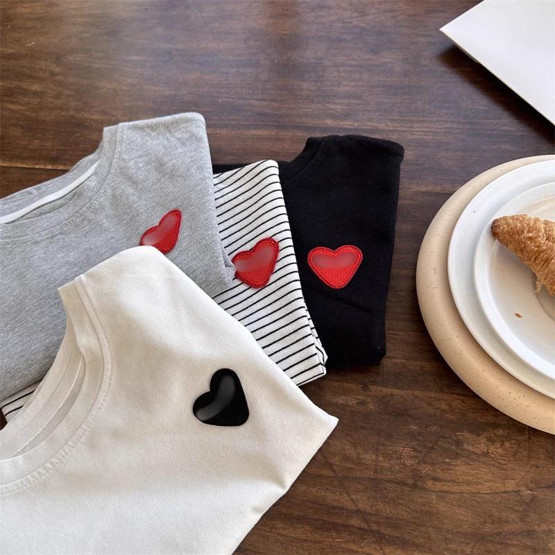 Ice Silk Cotton Striped Heart Short Sleeve Baby Top - Unisex Summer 2025