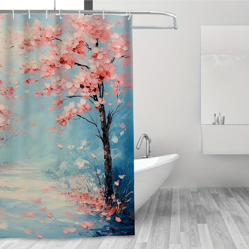 1pc Cherry Blossom Shower Curtain - Light Pink Floral, Serene River & Autumn Leaves, Hand Wash, Modern Bathroom Decor