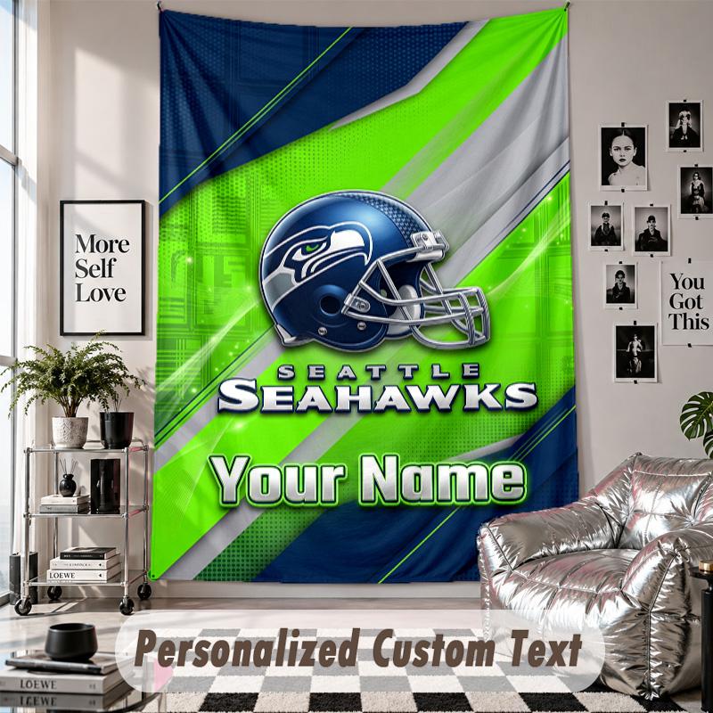 Wall Hanging Tapestry With Custom Name & Text, Seattle Seahawks Decorative Tapestry For Bedroom
