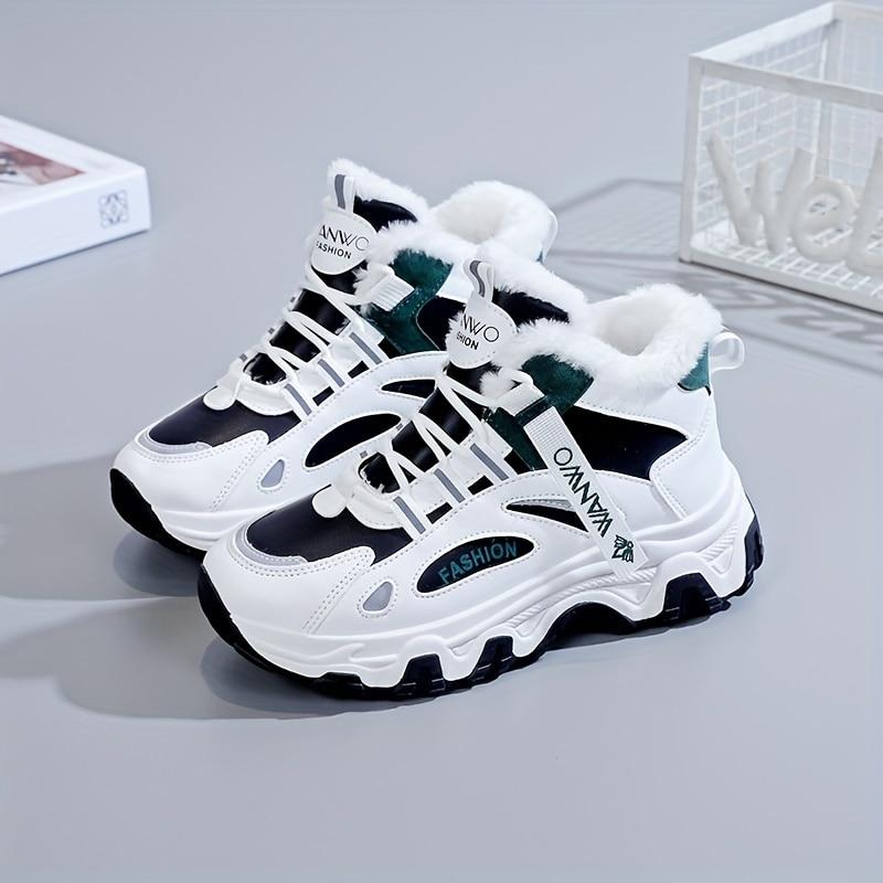 Women High Top Plush Inner Winter Athletic Sneakers Lace-up Thick Soled Fashion Platform Sneakers Non-slip Versatile Snow Shoe