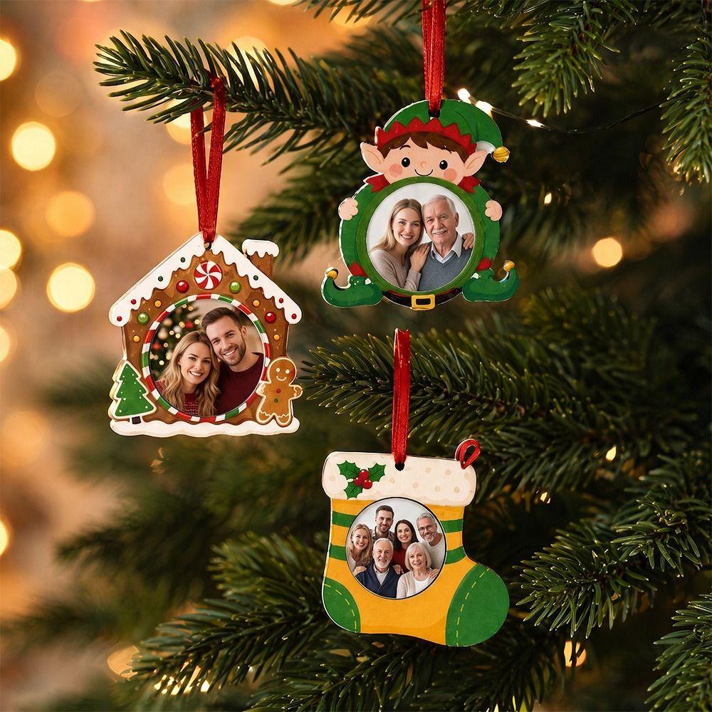 Flat Design Christmas Photo Frame Hanging Rope Bulk Set Wooden Picture Ornament 2D Style Wood Material Xmas Tree Decoration