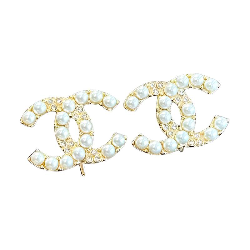 Chanel Three-dimensional Double C Shape Metal Glass Pearl Crystal Ear Clip Men and Women Same Style Couple Model