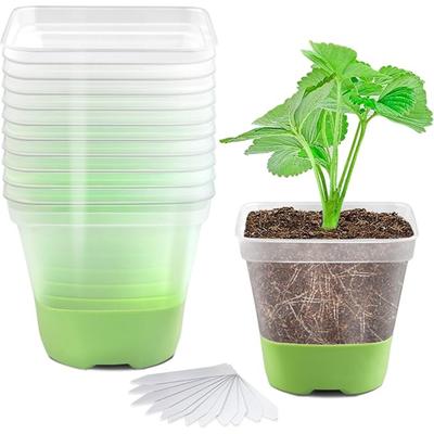 12pcs Square Plastic Nursery Pots, Clear Plant Pot with Soft Silicone Base Flower Pots with Drainage Holes, Reusable Seedling Pots Starter Pots