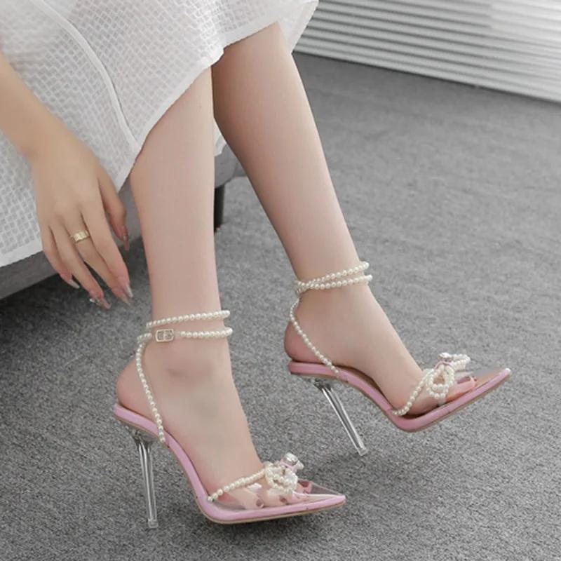 Fashion Sexy Transparent Pvc String Bead Women Thin High Heels Shoes Rhinestone Butterfly-Knot Clear Pointed Buckle Strap Sandals Pumps