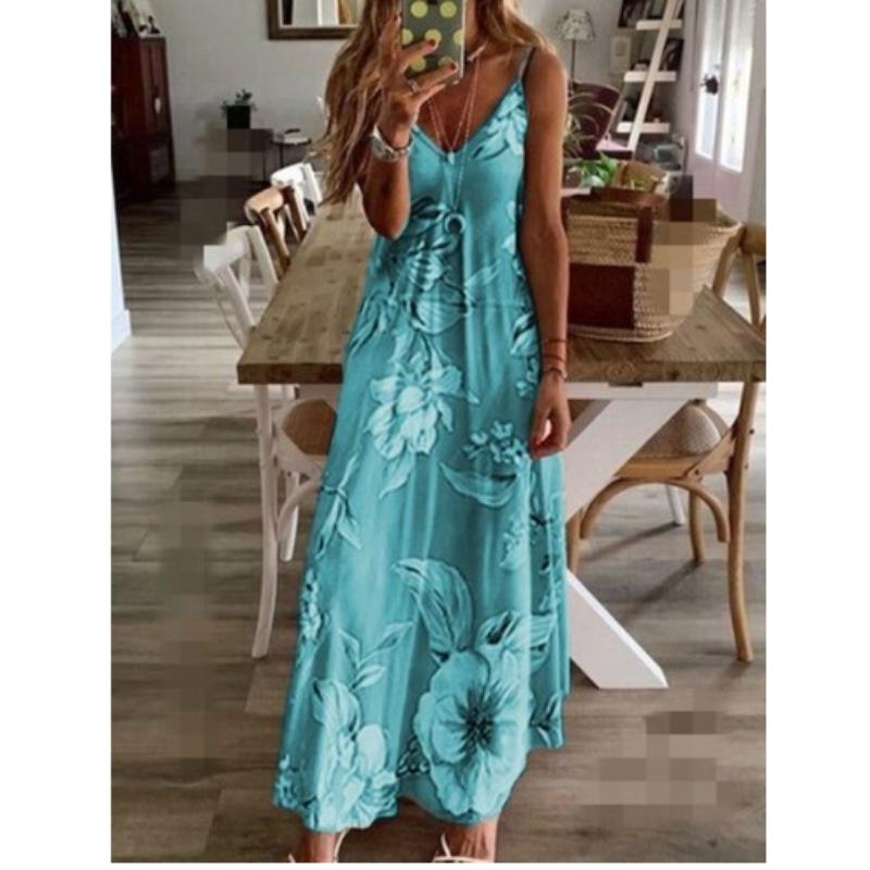 

Весенне-летнее платье, женское зеленое длинное платье с v-образным вырезом и цветочным принтом, повседневное богемное женское пляжное платье без рукавов XL небесно-голубой
