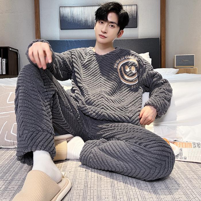 Men's Winter Coral Fleece Pajamas: Outdoor Wearable, Thickened Flannel, One-Piece Home Clothing