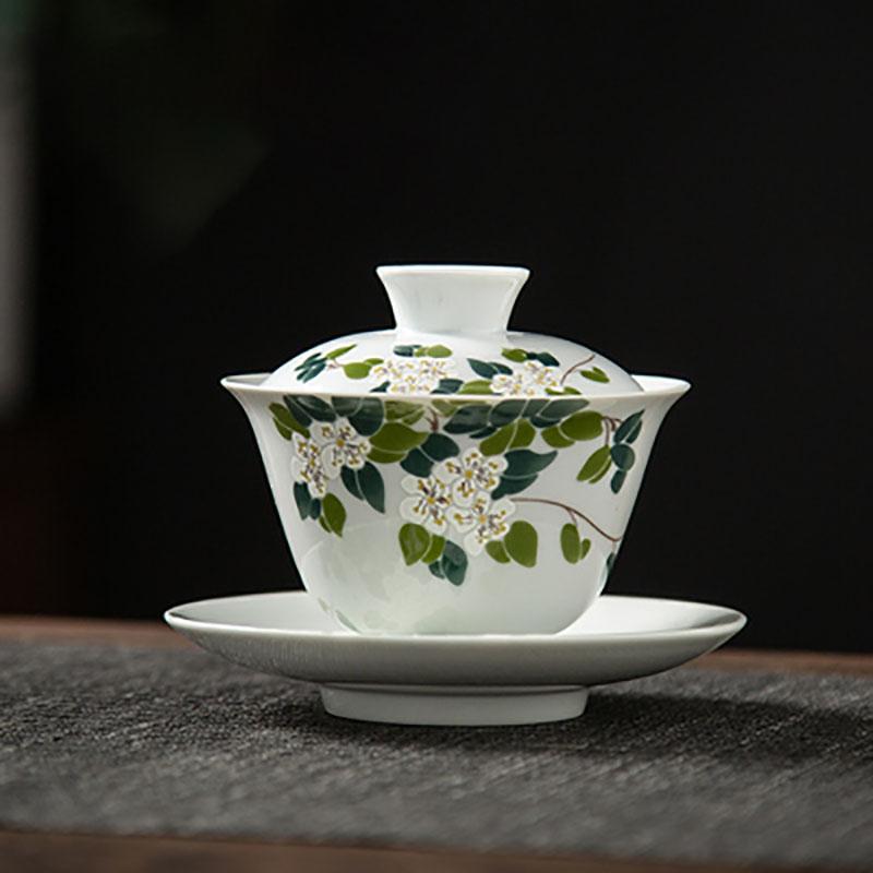 Ceramic Handmade Kung Fu Zen Gaiwan, Creative Hand-painted Chrysanthemum Tea Set, Office Tea Bowl with Saucer, Drinkware